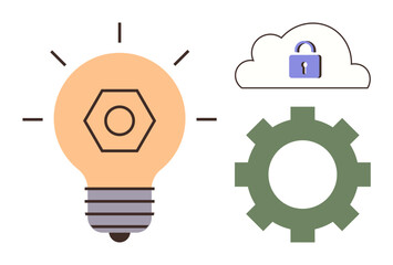 Lightbulb with glow effect, cloud lock for data security, and gear for mechanism. Ideal for creativity, technology, security, cloud computing, innovation engineering collaboration. Simple flat