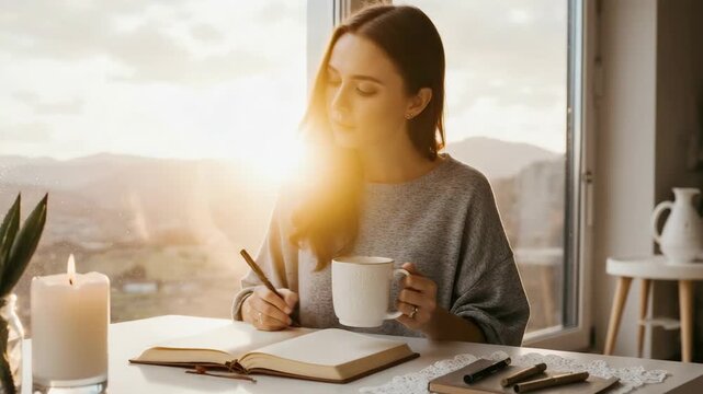 Young woman enjoying morning sunlight while writing in a journal and drinking coffee