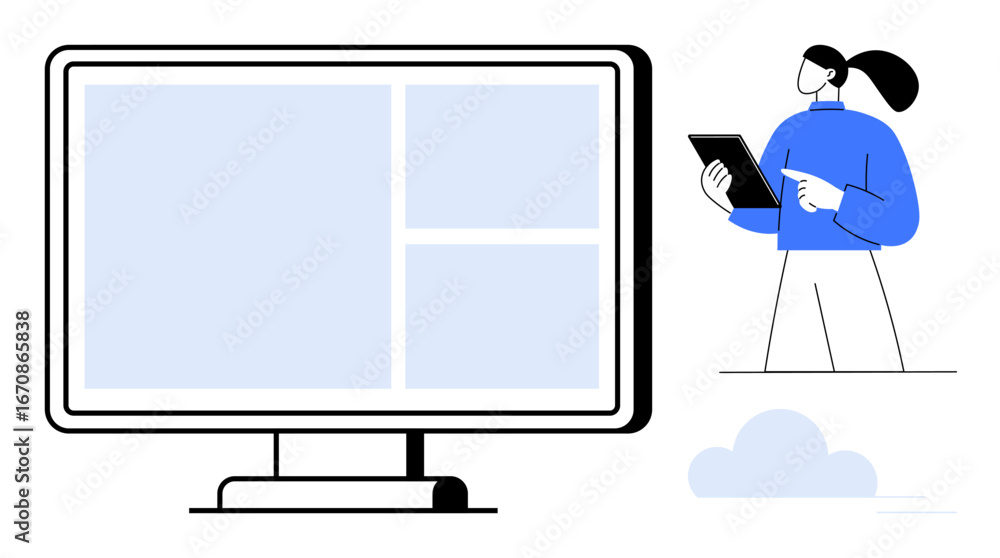 Poster woman holding a tablet and pointing at it near a large screen with grid sections and a minimal cloud