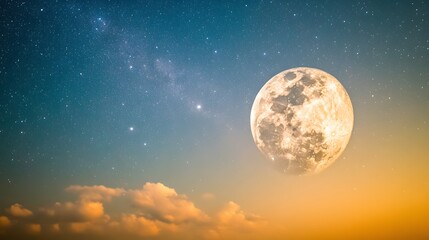 Fototapeta premium Giant Moon Over Cloudy Night Sky Starry Background