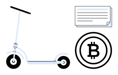 Electric scooter alongside a Bitcoin coin and document. Ideal for innovation, digital economy, transportation, cryptocurrency, e-commerce, technology, fintech. A simple flat metaphor