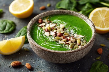 Fresh Green Smoothie Bowl with Spinach, Kale, Nuts, and Seeds – Superfood Breakfast Idea