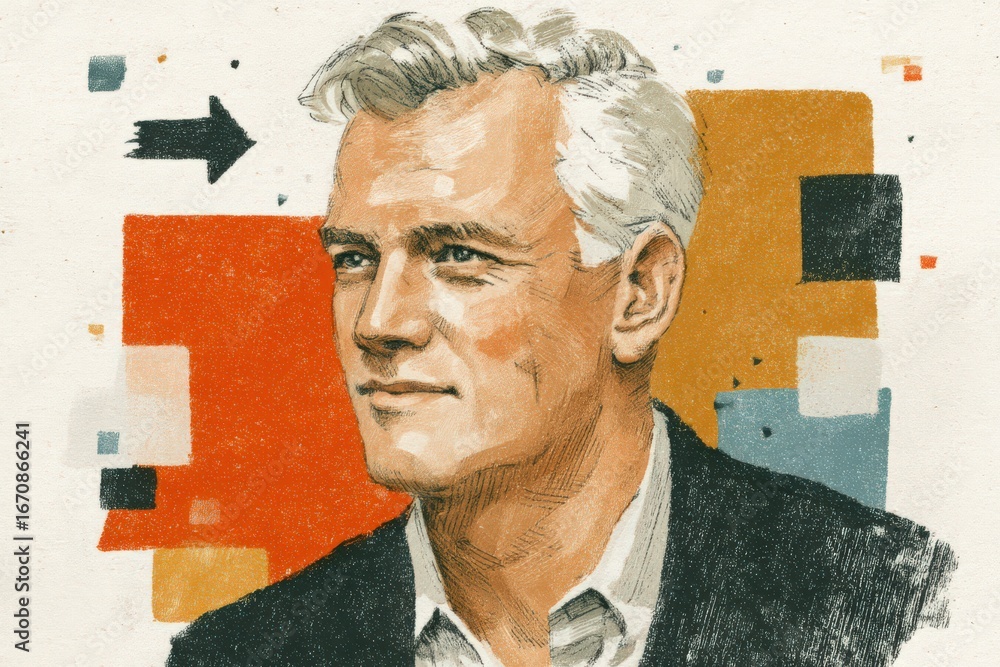 Poster portrait of a distinguished mature man with striking gray hair embodying confidence and wisdom set a