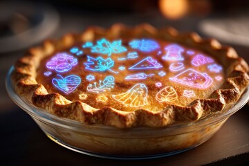Glowing Thanksgiving Pie with Shimmering Gratitude Symbols Above – Holiday Illustration