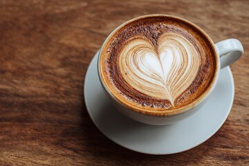 Romantic Heart Latte Art in White Coffee Cup on Wooden Table – Café Close-Up