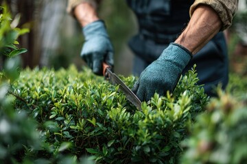 Well-Manicured Garden with Landscaper Trimming Hedges – Detailed Close-Up Scene