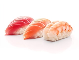 Sushi trio of nigiri on a clean white surface featuring salmon tuna and shrimp with detailed rice texture and glossy toppings captured at a three quarter angle under soft studio lighting
