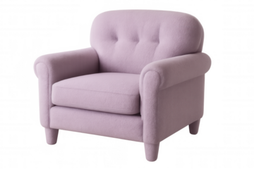 Pink armchair with round padded arms and back, isolated on transparent background, perfect for interior design projects