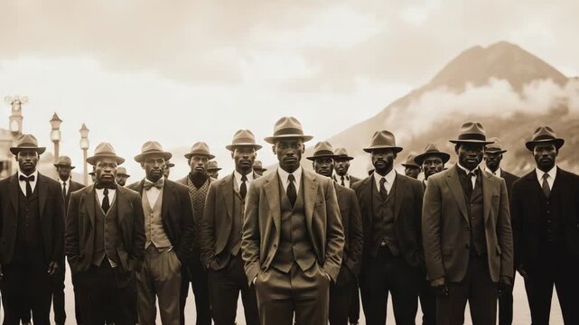 Sepia toned image of a group of distinguished African American men in suits and hats