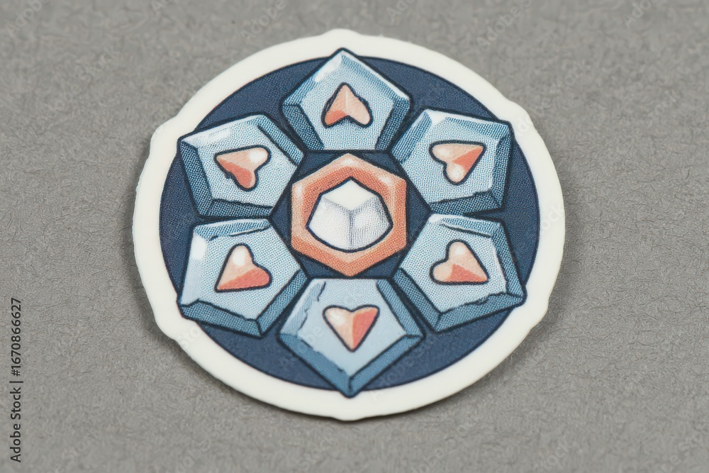 Poster intricate design of a whimsical sticker showcasing geometric shapes with heart symbols arranged in a