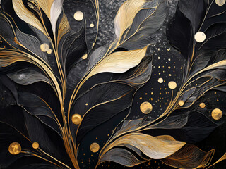 Patterned textured black and gold floral wallpaper with leaf design and gold dots