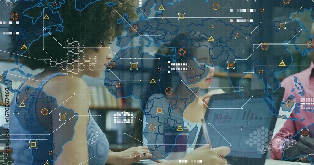 Poster team pointing at laptop chart with pen initiating business data discussion as map overlay fading in