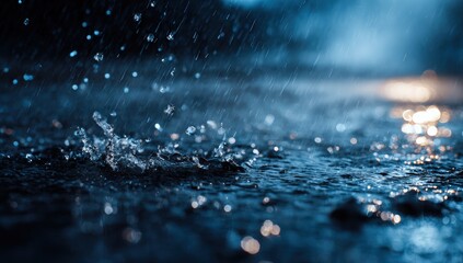 Rain drops splashing on dark wet pavement at night
