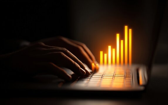 Hands typing on a laptop with a glowing upward graph