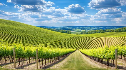 Naklejka premium Stunning Vineyard Landscape Rolling Hills Lush Green Grapes