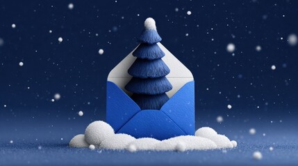 Christmas tree emerging from envelope in a snowy scene