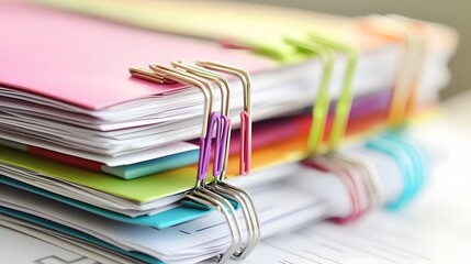 Colorful Stack of Documents with Binder Clips Closeup