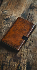 Fototapeta premium Leather journal rests on weathered wooden surface, showcasing craftsmanship and rustic charm with its rich brown tones and simple black closure, evoking a sense of timeless elegance.