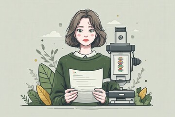 Young woman examining genetic research document with advanced microscope surrounded by lush greenery emphasizing the fusion of science and nature captured with clarity