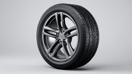 Obraz premium Car tire with alloy wheel on gray background.