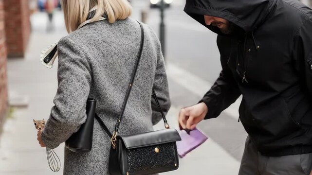 Pickpocket stealing wallet from woman's purse while squirrel watches nearby outdoors
