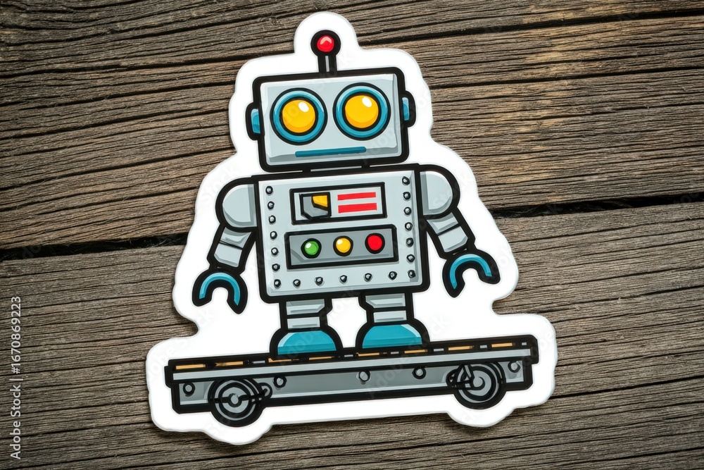 Aufkleber retro-inspired robot standing confidently on a skateboard with mechanical features showcasing a vibr