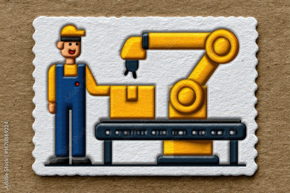 Poster innovative industrial automation concept showcasing a cheerful worker alongside a robotic arm expert
