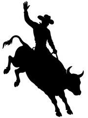 Cowboy silhouette riding bull in rodeo, one hand holding rope while the other raised high in the air during jump