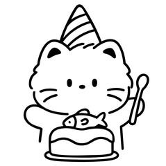 Birthday Cat — wearing a party hat, ready to eat a fish-shaped cake at celebration
