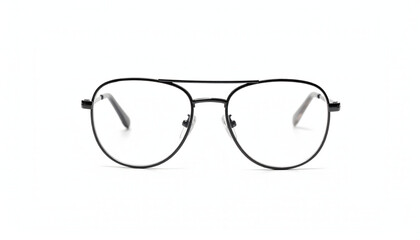 Black metal aviator style eyeglasses with clear lenses on a white background.