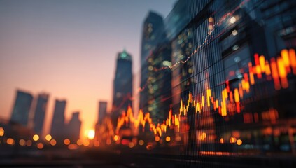Blurred cityscape at dawn with financial chart overlay