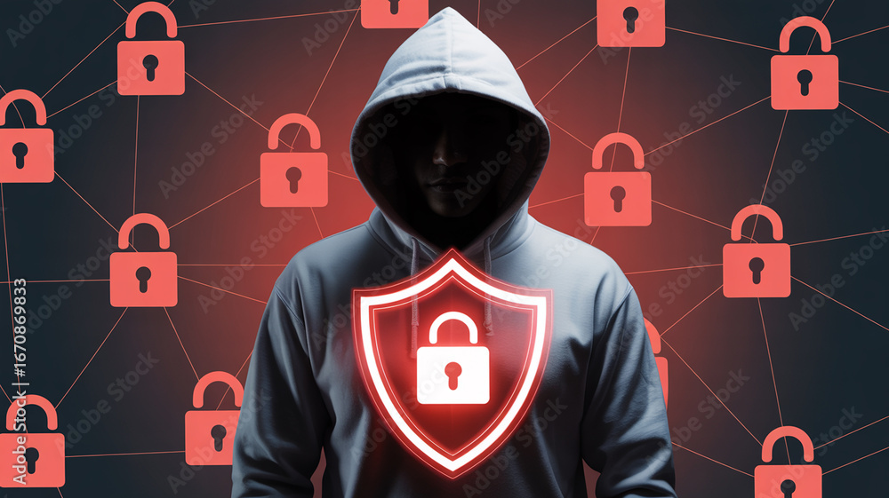 Poster cyber security threat protection hacker with hood and lock shield for network safety concept