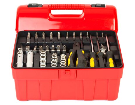Red toolbox filled with assorted tools
