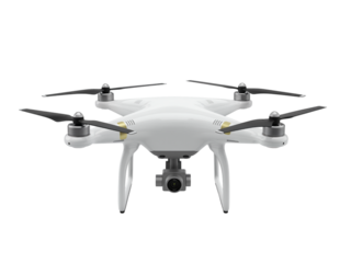 Modern white quadcopter drone with camera gimbal and propellers isolated on transparent background