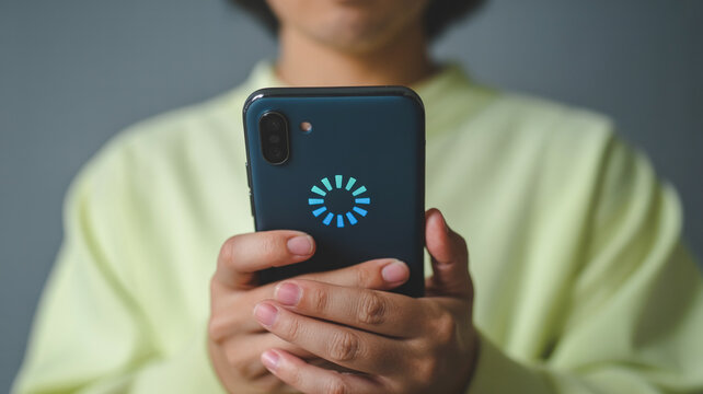 Person holding smartphone with loading icon on the back mobile technology and modern communication device