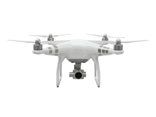 Modern white quadcopter drone with camera gimbal and propellers isolated on transparent background