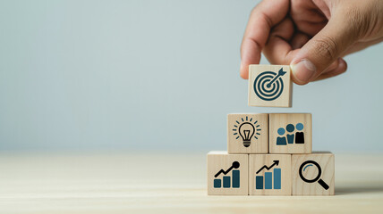 Business strategy concept hand arranging wood block stacking as step stair growth success 100 character
