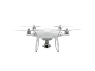 Modern white quadcopter drone with camera gimbal and propellers isolated on transparent background for aerial photography and videography