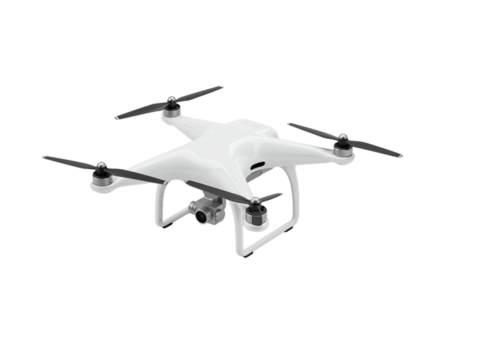 Modern white quadcopter drone with propellers and landing gear isolated on transparent background for aerial photography and videography - Powered by Adobe