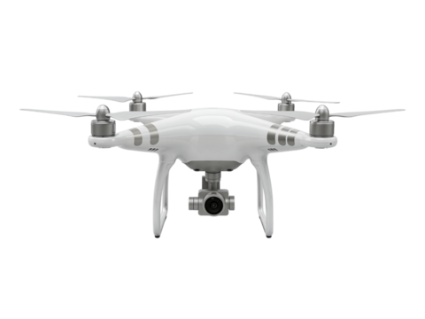 Modern white quadcopter drone with camera gimbal and propellers isolated on transparent background
