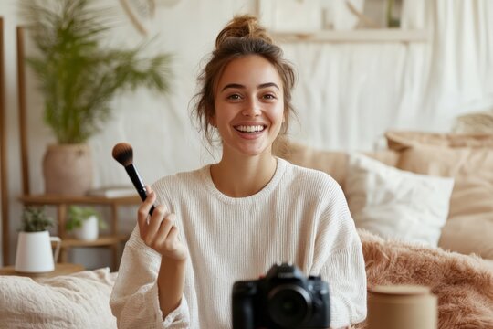 Influencer showing makeup brush while recording video at home