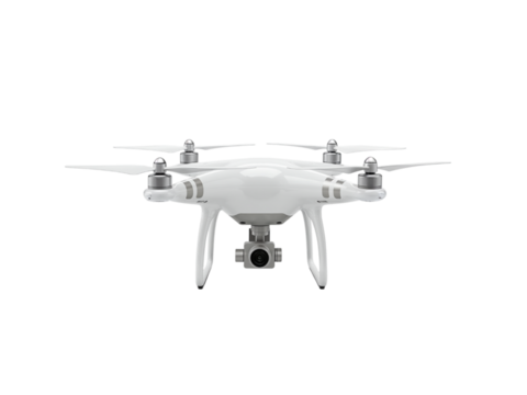 Modern white quadcopter drone with camera gimbal and propellers isolated on transparent background for aerial photography and videography