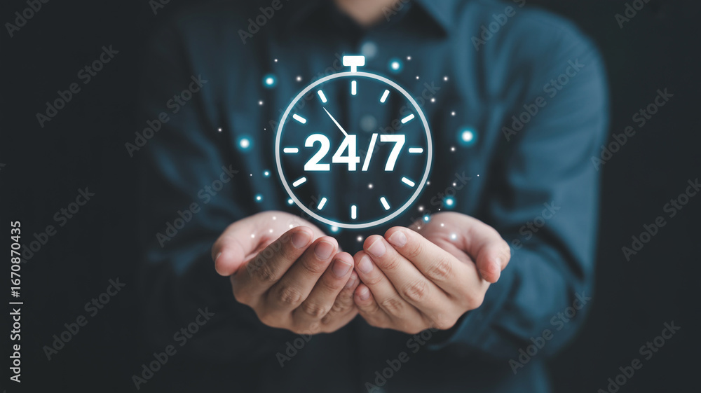 Poster hours open service availability man holding clock twenty four seven support always available concept