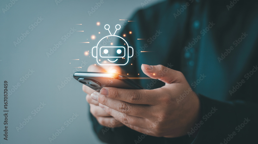 Aufkleber chat bot technology on mobile phone for customer service and ai artificial intelligence concept