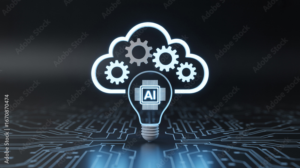 Poster ai cloud technology concept with lightbulb and gears for machine learning and artificial intelligenc