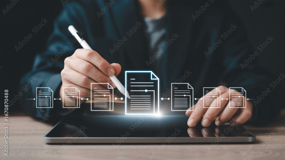 Poster digital document management system software for electronic files on tablet with stylus and business 
