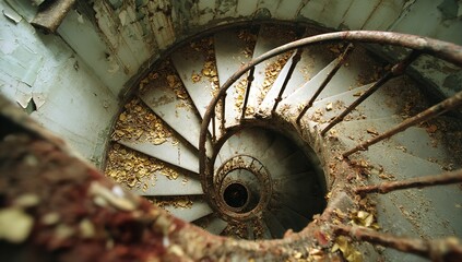 Extreme close-up of an old rusty spiral staircase with peeling paint, worn teal handrail, scattered debris, and intricate rust patterns in an abandoned decayed building