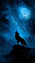 silhouette of howling wolf on rocks under glowing blue moon and stars