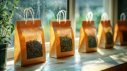 Close up photo of artisan tea bags with window sunlight creating natural and cozy vibes
