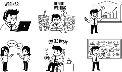 Black and white office cartoon illustration, academic work scenes, webinar, report writing, coffee break, presentation, teamwork, brainstorming, science equations, professional life